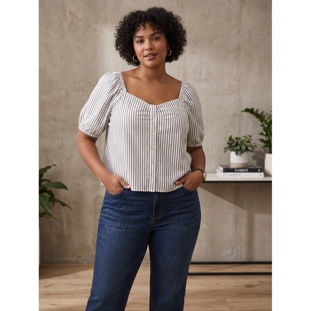 Torrid Blue White Striped Short Puff Sleeve Button Front Blouse Plus Size 1 1X